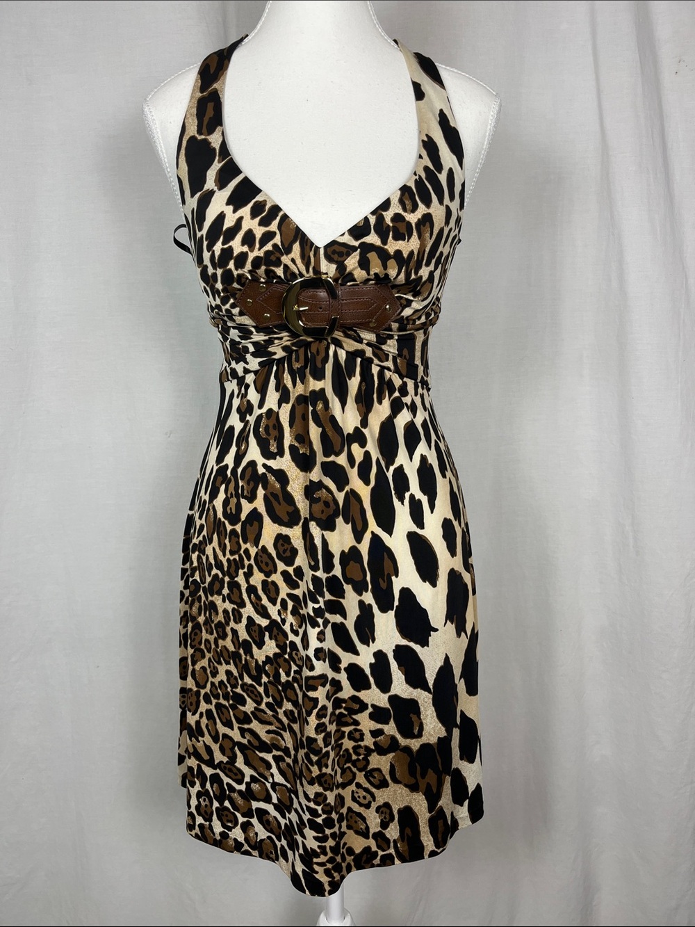 Cache Vintage Y2K Leopard Animal Print Halter Top Mini Dress with Buckle